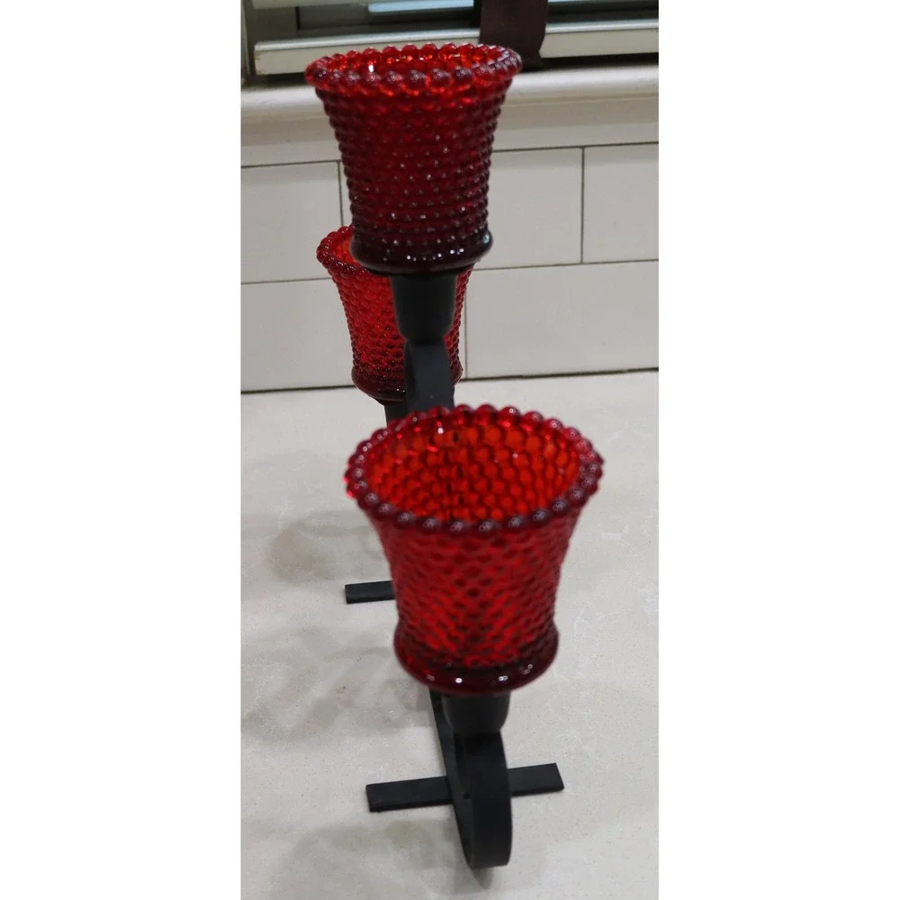Wrought Iron Candelabra with 3 Red Hobnail Glass Votive Taper Holders Black